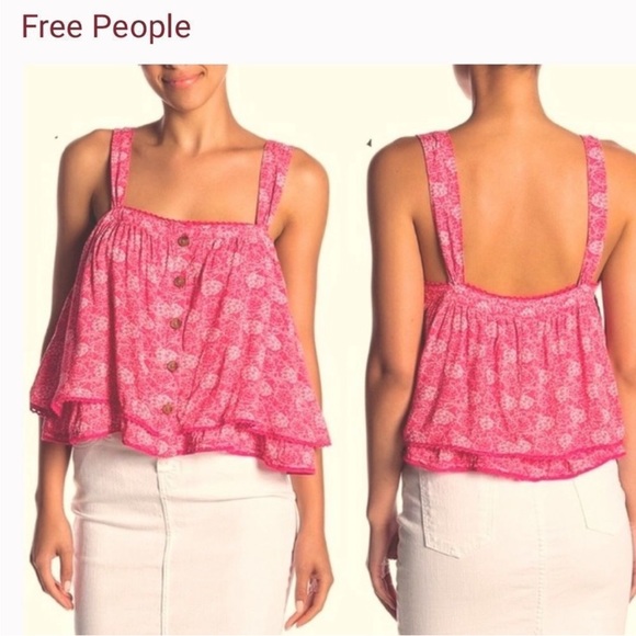 Free People Tops - 💙💛 Free People Sweet Caroline Hot Pink Floral Button Babydoll Tank Large